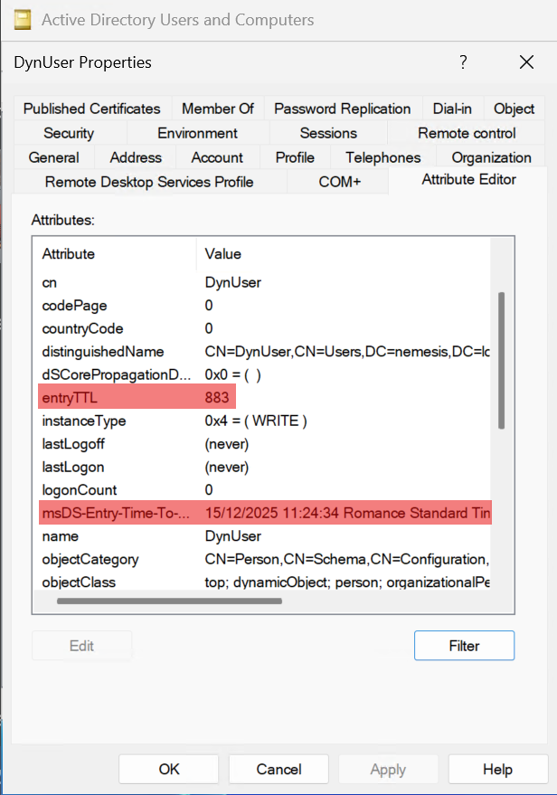 Attribute Editor view of an AD dynamic object (user) illustrating the active entryTTL countdown and its corresponding deletion timestamp